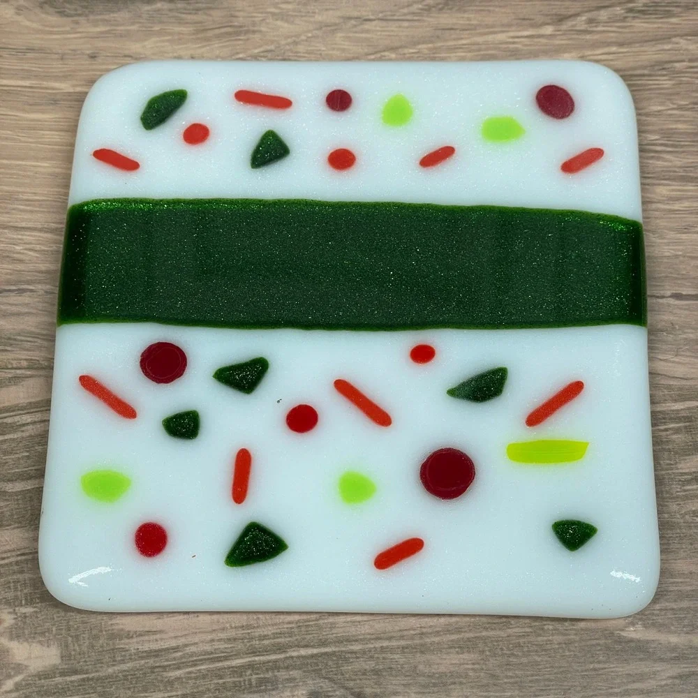 Fused Glass Red Green White Coasters Set of 2 Food Drink Bar Kitchen Decor